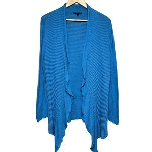 Eileen Fisher Ribbed Open Cardigan Sweater Womes L Blue Italian Yarn Lightweight